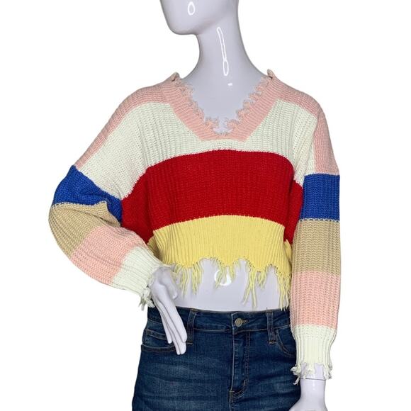 Crop Top Sweater Color Block Red Blue White Yellow Pink V-Neck Size S - Picture 2 of 9